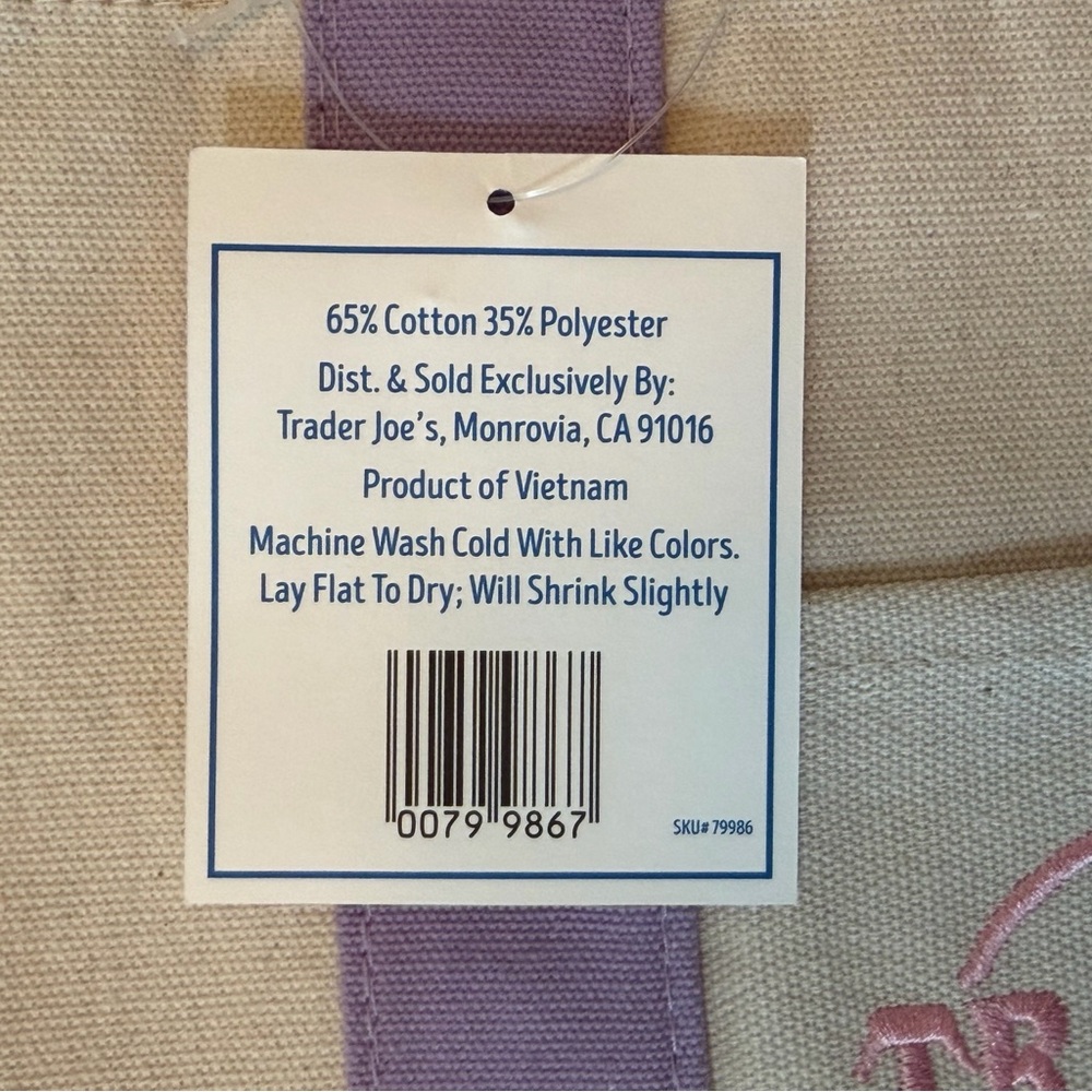 MINI NWT Trader Joe’s Mini Canvas Reusable Tote Bag - Cream with Lavender Straps - Picture 9 of 9